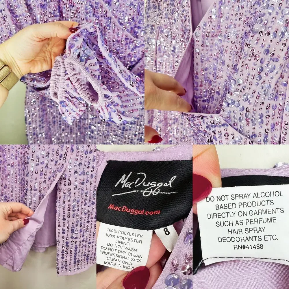 Mac Duggal Sequin Illusion Long Puff Sleeve 107641 Evening Tea Length Midi Dress - Picture 12 of 16